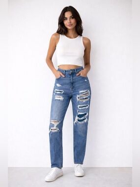 American Eagle Distressed High-Rise Mom Straight Jeans Women’s Size 4